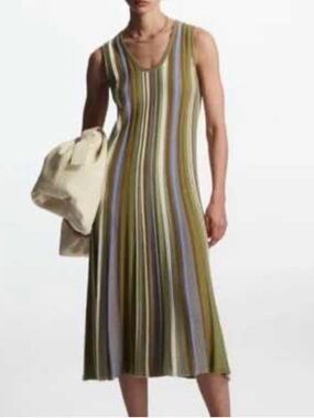 COS Olive, Cream & Light Blue Striped Sleeveless Midi Dress